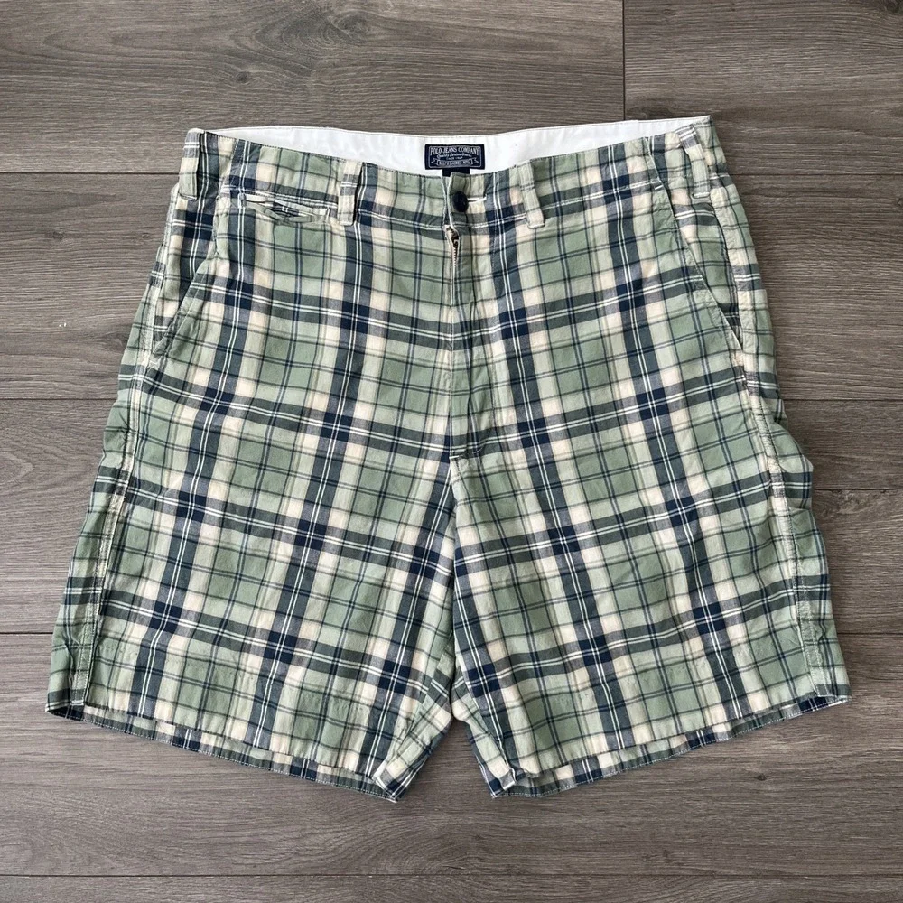 Polo Jeans Company Mens Sz 34 Plaid Shorts Green Blue Cream